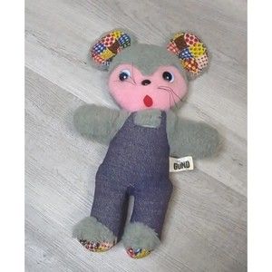 Vintage Gund Plush Mouse In Overalls Patchwork Patterned Ears & Feet
